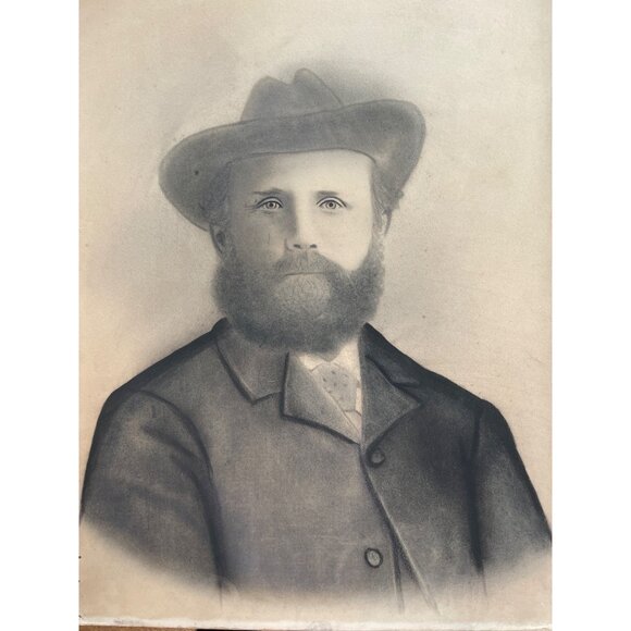 Antique Victorian Charcoal Chalk Sepia Portrait Of Bearded Man In Hat - Picture 7 of 7